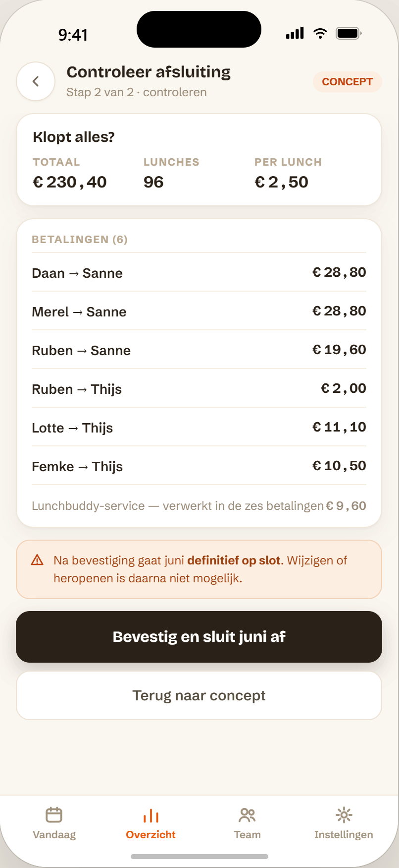 App-scherm: maand afsluiten