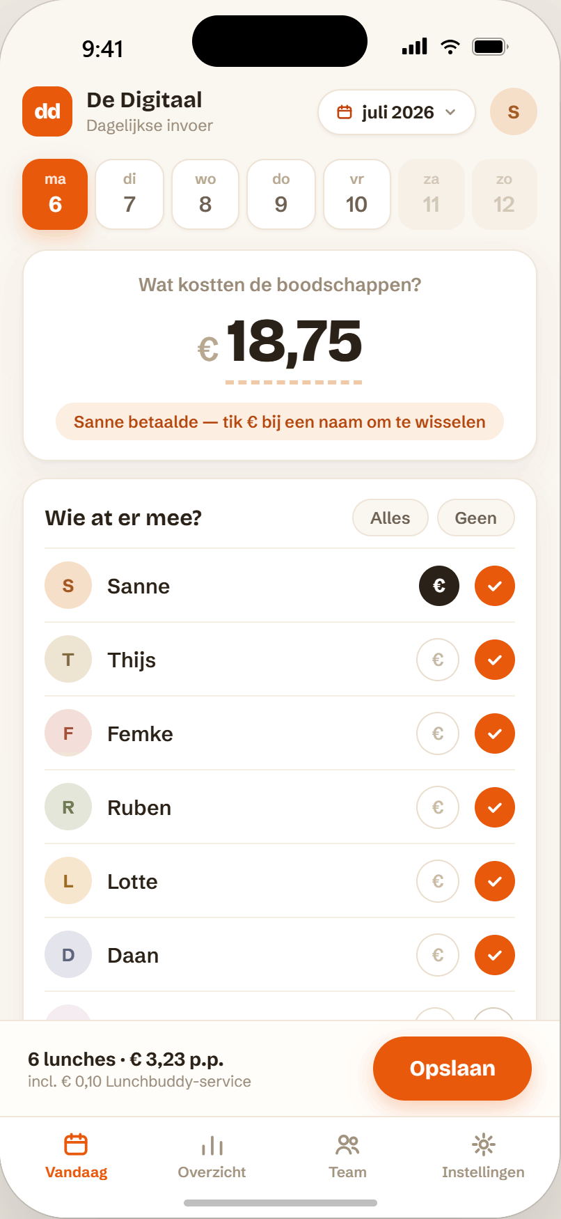 App-scherm: dagelijkse invoer